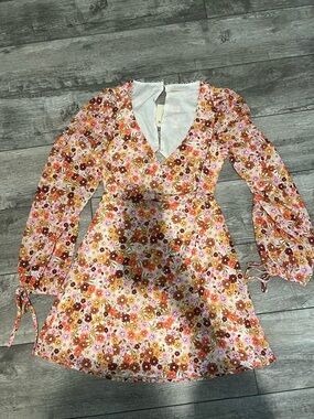 Showpo Floral Midi Dress in Pink, Orange, Yellow, Brown